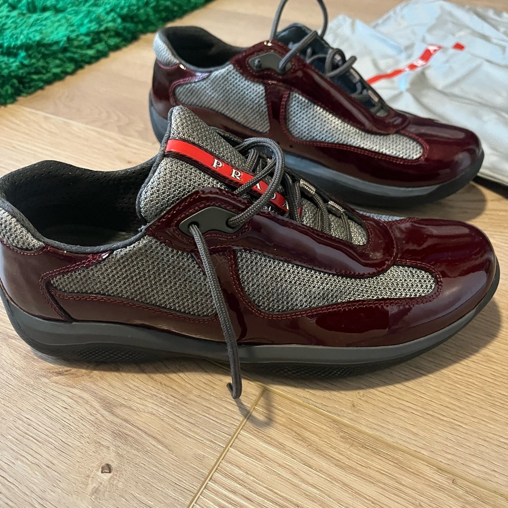 Prada Men's Maroon and Charcoal Sneakers - Picture 2 of 5